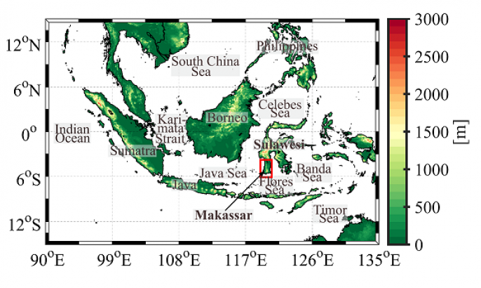 Orografia (m) zachodnich i centralnych rejonów Azji Południowo-Wschodniej (Maritime Continent). Zaznaczone zostały  miejsca, o których mowa w tekście głównym.
