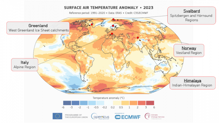 Location of selected glaciers to be analyzed in the LIQUIDICE project, in the context of 2023 temperature anomalies from Copernicus data