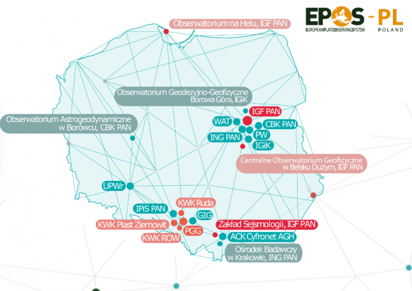 Mapa instytucji zaangażowanych w realizację projektu EPOS-PL, fot. DP